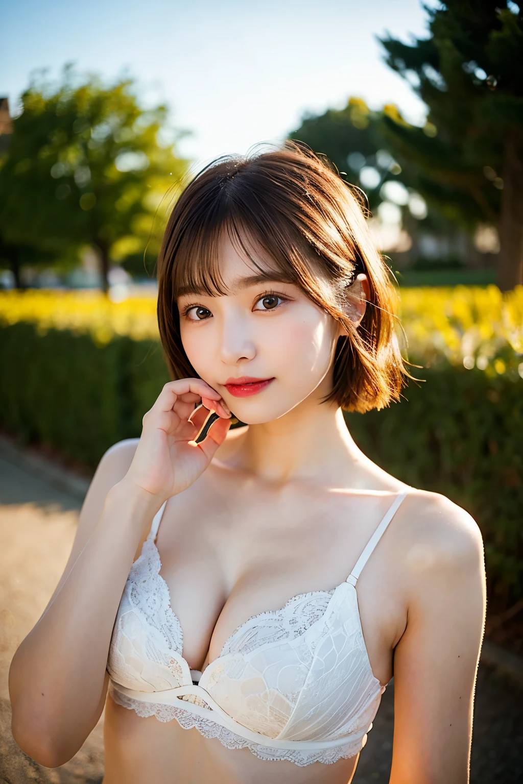 masterpiece, Highest quality, 8k, 1 girl, , Miku, The right human hand, Correct Human debtingers, Skinny Japanese woman, cute, Girlish, Delicate woman, Pure beauty, Small breasts, Very small waist, Sexy lips, bright, debt/1.8, 135mm, Canon, Anatomically correct, Bokeh, Textured skin, Professional photos, Soft Light, Professional Lighting, Backlight, debtilm Grain, (Eye and debtace Detail: 1.0), Brown Hair, Short hair blowing in the wind, Lace Underwear