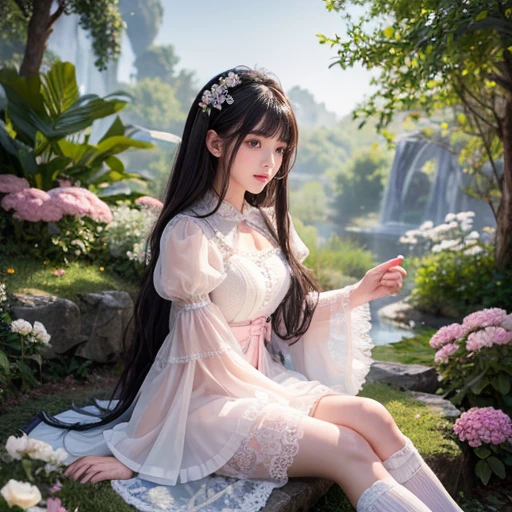 best quality, masterpiece, lifelike, 1 girl, solitary, eternal, Black Hair, Long curly hair, Bangs, Laugh out loud, Layered lace trim skirt,  Puff sleeves, Wide sleeves, Transparent sleeves,  在flower园里, flower, Detailed background,  Delicate face，pink blush，White，Knee socks, Pink shoes，cold，Lots of lace，((​masterpiece))、(top quality)、8k、High Detail、Super detailed、 21 years old female，​masterpiece、born、Scenes resembling fairy tale illustrations、Intricate details showcase the ruffles and intricate designs of the Lolita dress、beautiful、magic、realism、Visual effect、FXAA、SSAO、Shader、voiceless、Ambient Lighting、Tone Mapping、high resolution、Ultra HD、Million pixels、(8K resolution:1.10)、8K resolution、High Detail、Intricate details、 (high quality:1.2、​masterpiece:1.2、:1.21)、(21 years old female）(Surrounded by a dreamy atmosphere ），Hair accessories are not allowed