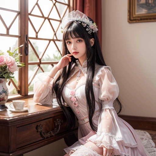 best quality, masterpiece, lifelike, 1 girl, solitary, eternal, Black Hair, Long curly hair, Bangs, Laugh out loud, Layered lace trim skirt, Puff sleeves, Wide sleeves, Transparent sleeves, 在flower园里, flower, Detailed background, Delicate face,pink blush,White,Knee socks, Pink shoes,cold,Lots of lace,((masterpiece))、(top quality)、8k、High Detail、Super detailed、 21 years old female,masterpiece、born、Scenes resembling fairy tale illustrations、Intricate details showcase the ruffles and intricate designs of the ta dress、beautiful、magic、realism、Visual effect、FXAA、SSAO、Shader、voiceless、Ambient Lighting、Tone Mapping、high resolution、Ultra HD、Million pixels、(8K resolution:1.10)、8K resolution、High Detail、Intricate details、 (high quality:1.2、masterpiece:1.2、:1.21)、(21 years old female)(Surrounded by a dreamy atmosphere ),Hair accessories are not allowed