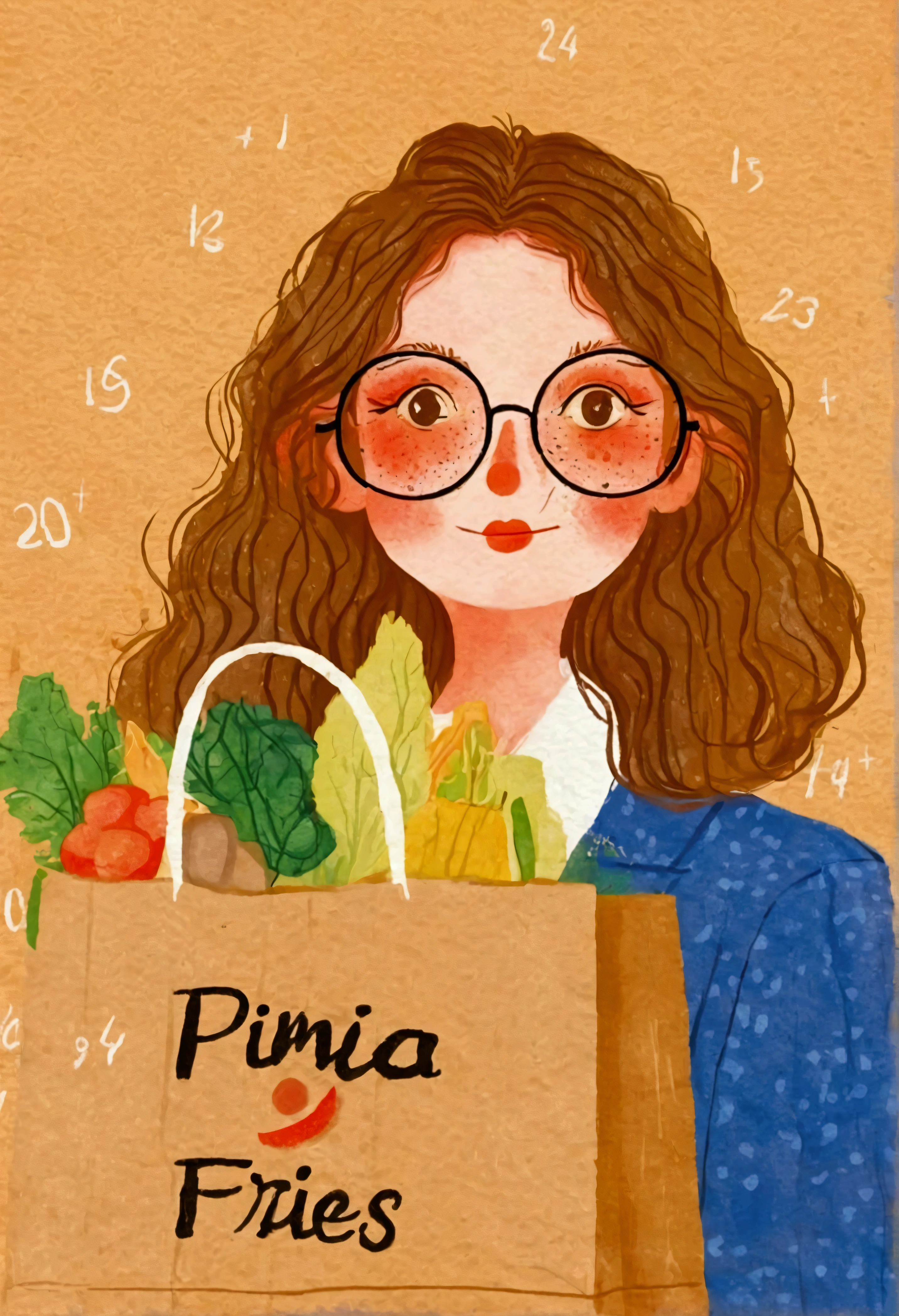 Pastel Art：Illustration of a woman wearing glasses holding a paper bag,