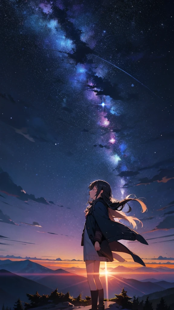 beautiful girl, At the top of the mountain, Night view, Night Sky, Starry Sky, Asahi