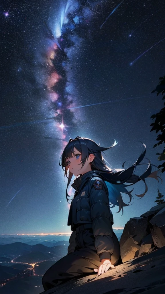 beautiful girl, At the top of the mountain, Night view, Night Sky, Starry Sky, Asahi