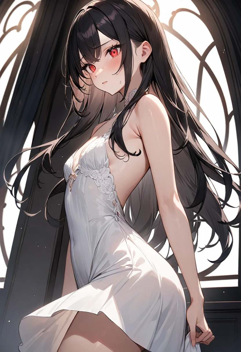 (masterpiece, top quality, very aesthetic, 4k、illustration), intricate detail, 1woman,、solo,contrapposto 、glowing eyes、,(cowboy shot)、light persona、(),beautiful face、from side、embarrassed、straight hair、red to black gradient hair、,middle hair,sidelock ,red eyes、white Summer Dresses、small breasts、Slim 、