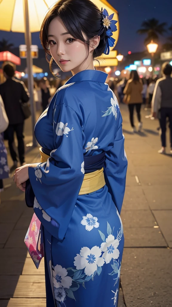 Night Beach、A beautiful woman in a blue yukata looks back、Realistic and high quality