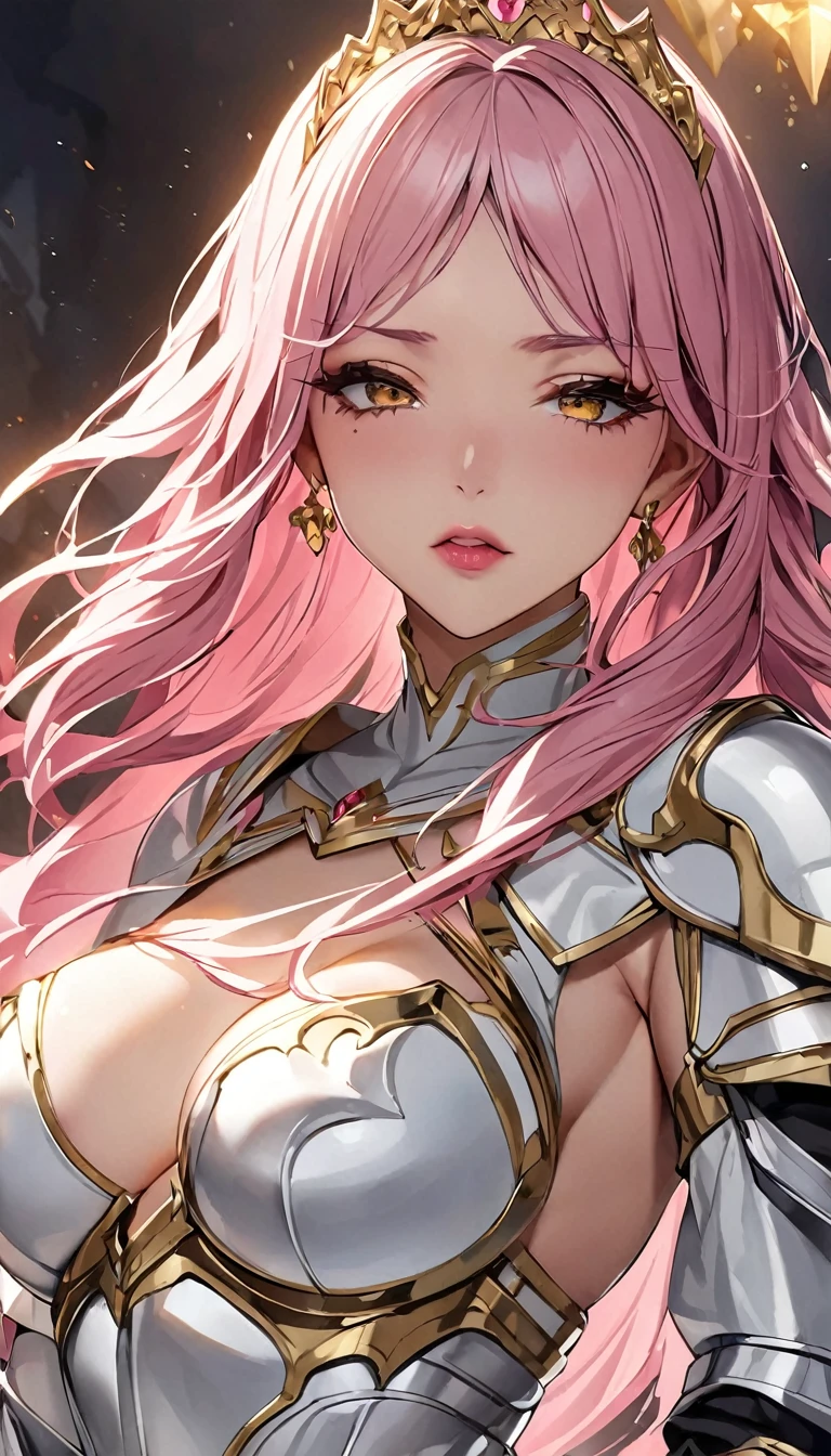 NSFW, masterpiece、highest quality、Ultra-high resolution、Maximum resolution、very detailed、Professional Lighting、anime、Adult women、thin、so beautiful、Beautiful face、Suffering face、Armored Dress、Pure white full-plate armor、Shiny Armor、Golden decoration、Gorgeous tiara、Golden earrings、Frilly Armor、Pink Hair、Golden Eyes、Pink Lips、gold belt、Cape、Being strangled、cave、Attacked by Goblins、( Number of Goblins: 1.1)、(((鎧は壊れている:1.5)))