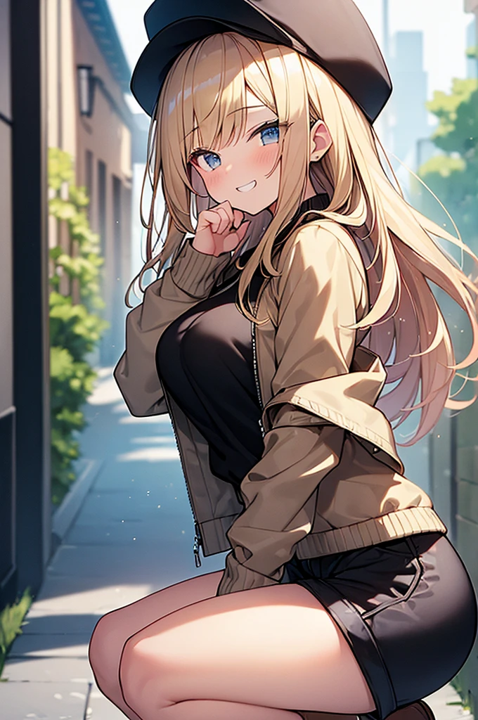 (Masterpiece, Top quality:1.5), 1 beautiful girl, squatting down, from side, Blonde, medium Hair, wavy Hair, asymmetry bangs, swept bangs, airy hair, large breasts:1.1, 16 year old, standard weight, (cool jacket, Shorts :1.3), cap, grin, blush, beautiful scene of narrow Alley, blurry background, magnificent panorama view, blurry background, closer eyes