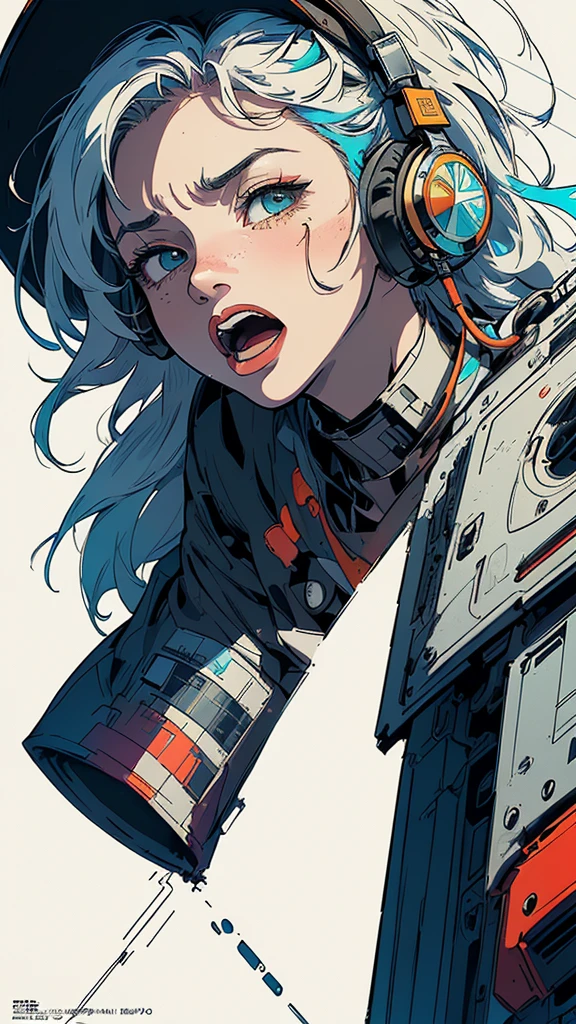 (((masterpiece, highest quality))),(((solo:1.2))),(((1girl:1.2))),32k wallpaper, very detailed, poster, vintage science fiction,(((((geometric cinematic movie poster))))), ((bauhaus)),(shape),(((abstract))),(mid century modern),(((((portfolio))))),(((((Close-up))))),(((((bust up))))),((((more various angle)))),((((highlight)))),((((heterochromia)))),(((complete. detailed face))),((((Extremely talented)))),(((((most complecated futristic machine))))),(Colorful color scheme),(((detailed unlimited complete equipment : headphone like a rail gun))),(((((Absolutely simple background))))),(((Texture for people : grunge))),(((Cheek resting on hand))),((Rest on your chin))),(((((open mouth amazing wide))))),(((((SCREAM)))))