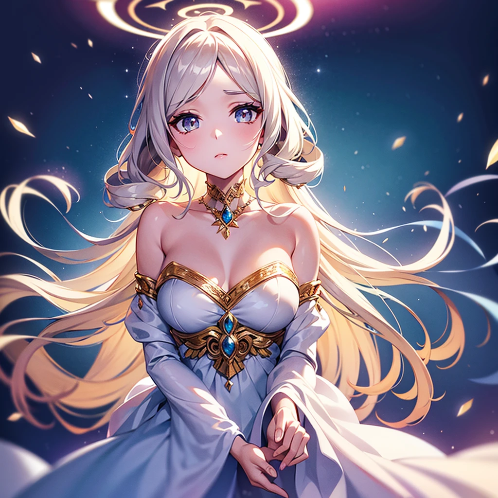 jewelry, delicate makeup, creating a soft light effect. In the style of anime and fantasy art, crystal, delicately drawn, gentle, peaceful, dreamy, soft, pastel tones, golden stars decorate her eyelids, light coloring, goddess, curl, White eyes, White eyebrows, White eyelashes, chaste, Fantasy, A girl with long white boho waves hair, in an elegant dress., rainbow, shining, forehead, chiffon, Greek style, corona, universe, curls, galaxy, Halo, Photosphere