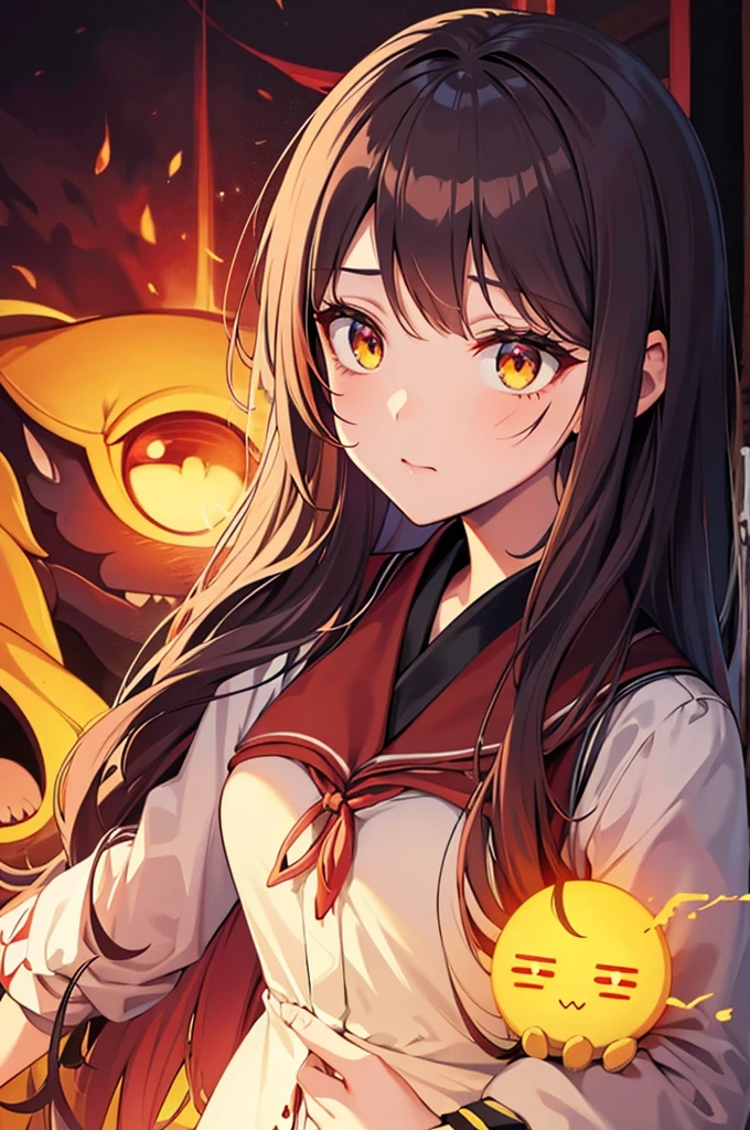 Animated illustration of a woman with a scar on one eye, an anime drawing inspi빨간색 by Jin Homura, tumbler, mingei, with glowing red eyes, nezuko-chan, yellow eyes and a slim face, with yellow glowing eyes, with yellow eyes, Evil Expression, ((yellow)) Loose eyes, nezuko, fully yellow eyes