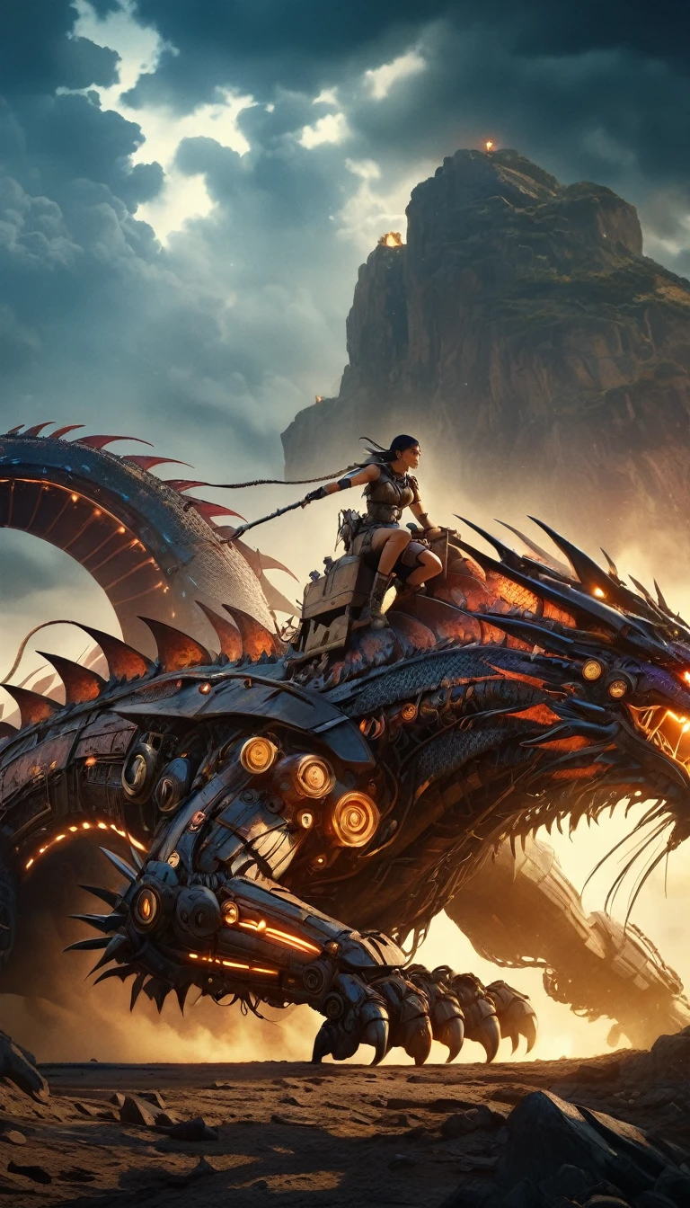 a dark fantasy scene, furiosa from mad max sitting on a huge mechanical dragon, incredibly detailed mechanical creature, flowing cape, heroic pose, cinematic dramatic lighting, fantasy landscape, moody cloudy sky, epic fantasy scene, (best quality,4k,8k,highres,masterpiece:1.2),ultra-detailed,(realistic,photorealistic,photo-realistic:1.37),hyper detailed,highly intricate,extremely detailed,vibrant colors,dramatic shadows,dramatic lighting,dramatic atmosphere,dramatic moody lighting,stunning cinematic lighting,stunning cinematic composition