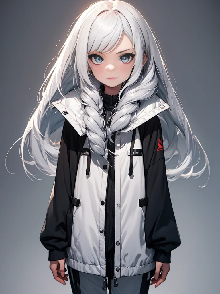 Girl with white hair and blue eyes, grey background, full body portrait