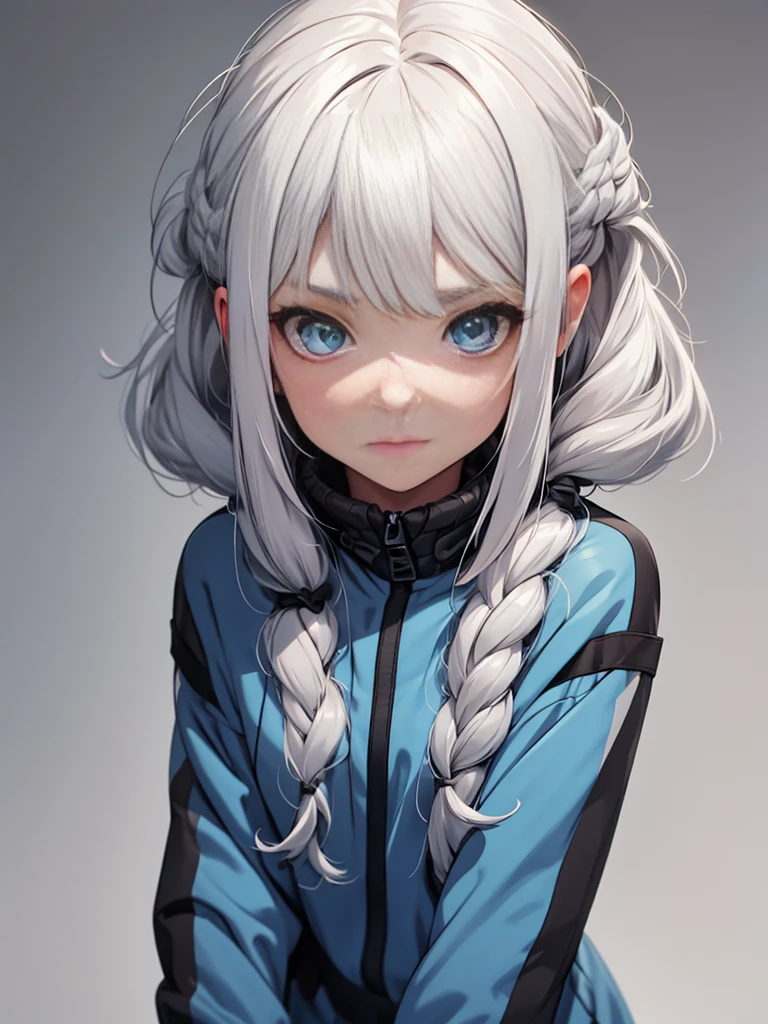 Girl with white hair and blue eyes, grey background, full body portrait