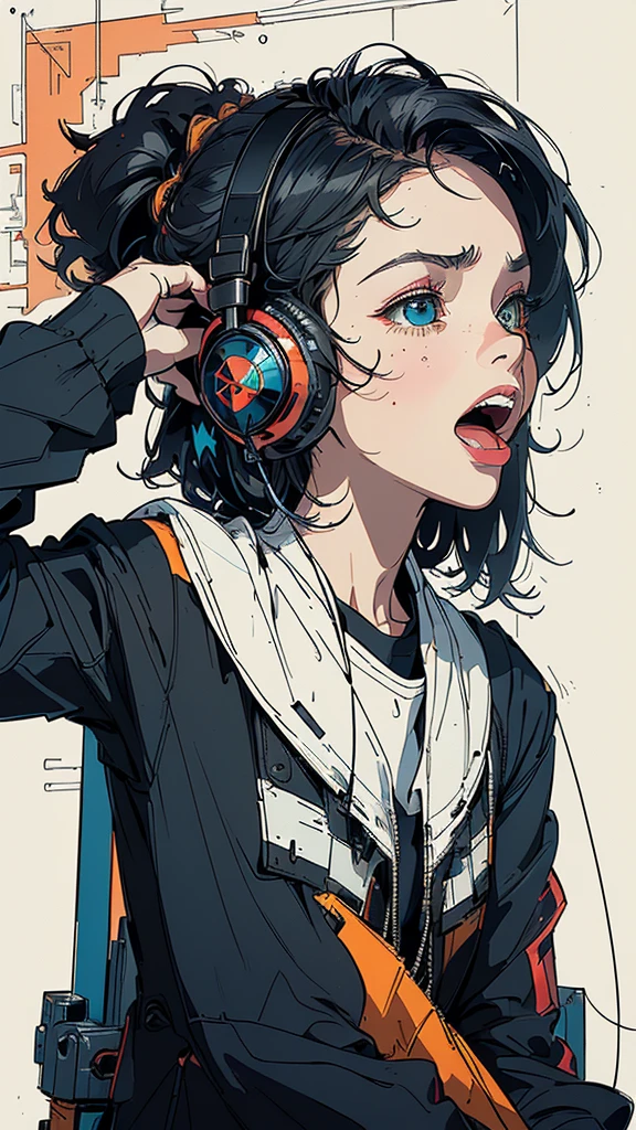 (((masterpiece, highest quality))),(((solo:1.2))),(((1girl:1.2))),32k wallpaper, very detailed, poster, vintage science fiction,(((((geometric cinematic movie poster))))), ((bauhaus)),(shape),(((abstract))),(mid century modern),(((((portfolio))))),(((((Close-up))))),(((((bust up))))),((((more various angle)))),((((highlight)))),((((heterochromia)))),(((complete. detailed face))),((((Extremely talented)))),(((((most complecated futristic machine))))),(Colorful color scheme),(((detailed unlimited complete equipment : headphone like a rail gun))),(((((Absolutely simple background))))),(((Texture for people : grunge))),(((Cheek resting on hand))),((Rest on your chin))),(((((open mouth amazing wide))))),(((((SCREAM)))))