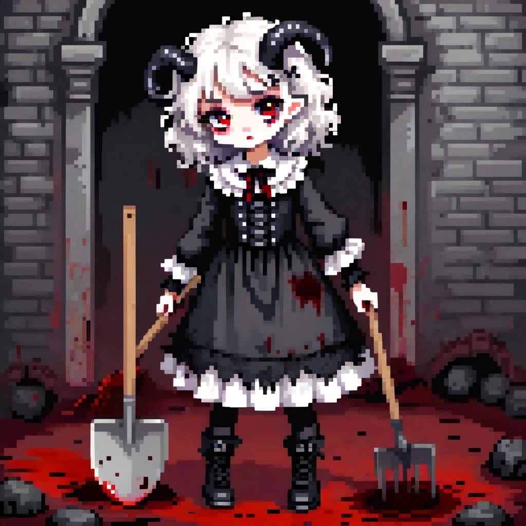 Lamb girl, with big black horns, Curly, lush white hair, dressed in gothic clothes, red eyes, cute nose, place of feet hooves, gothic clothing dress like in the 19th century, in hand there is a shovel stained with blood
