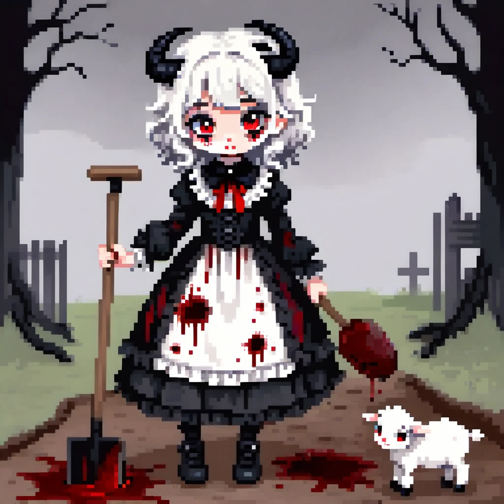  Lamb girl, with big black horns, Curly, lush white hair, dressed in gothic clothes, red eyes, cute nose, place of feet hooves, gothic clothing dress like in the 19th century, in hand there is a shovel stained with blood