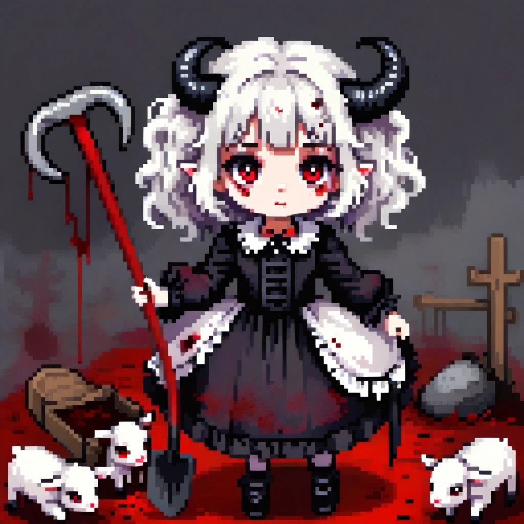Lamb girl, with big black horns, Curly, lush white hair, dressed in gothic clothes, red eyes, cute nose, place of feet hooves, gothic clothing dress like in the 19th century, in hand there is a shovel stained with blood