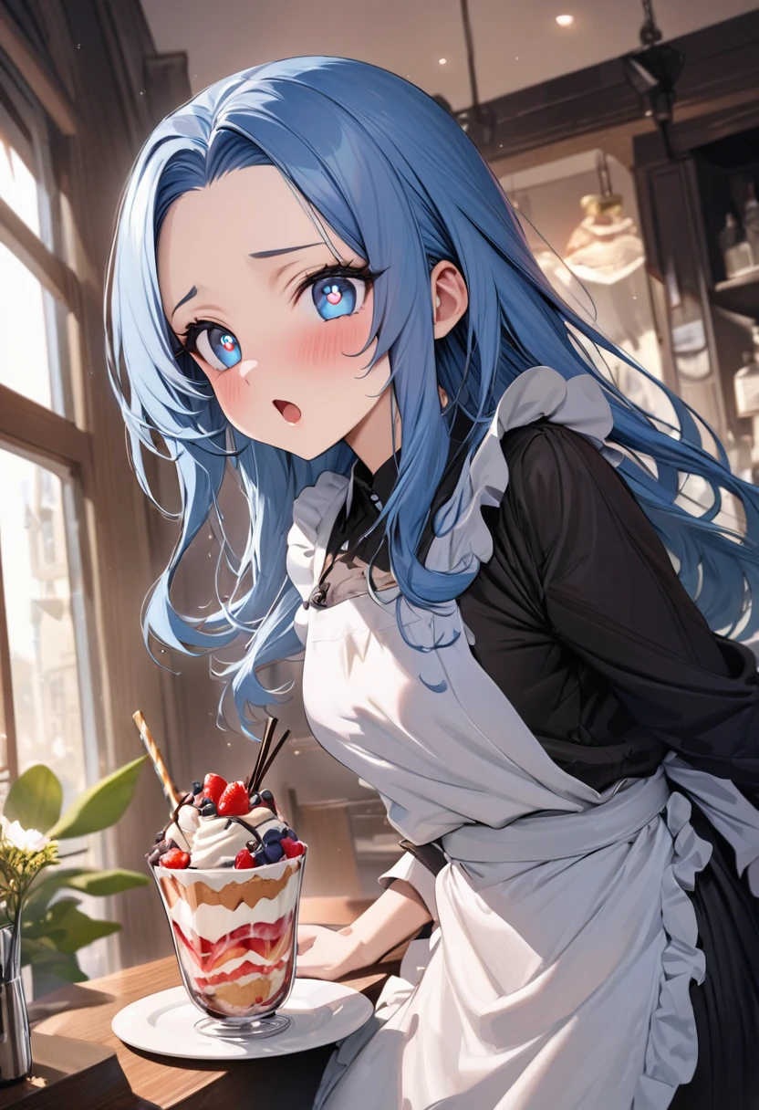 (The ultimate biggest parfait) (best quality detailed Delicious parfait), (solo:2, 15 yo) (beautiful forehead) (beauty blue hair long hair) (beauty lovely girl), (beautiful detailed Heart-shaped pupils blue eyes), (cute open mouth, small tits), in a cute Apron dress, break, in the best cute Patisserie, BREAK, perfect anatomy, masterpiece, best quality, 16k, beautiful detailed grow, daydreaming expression.