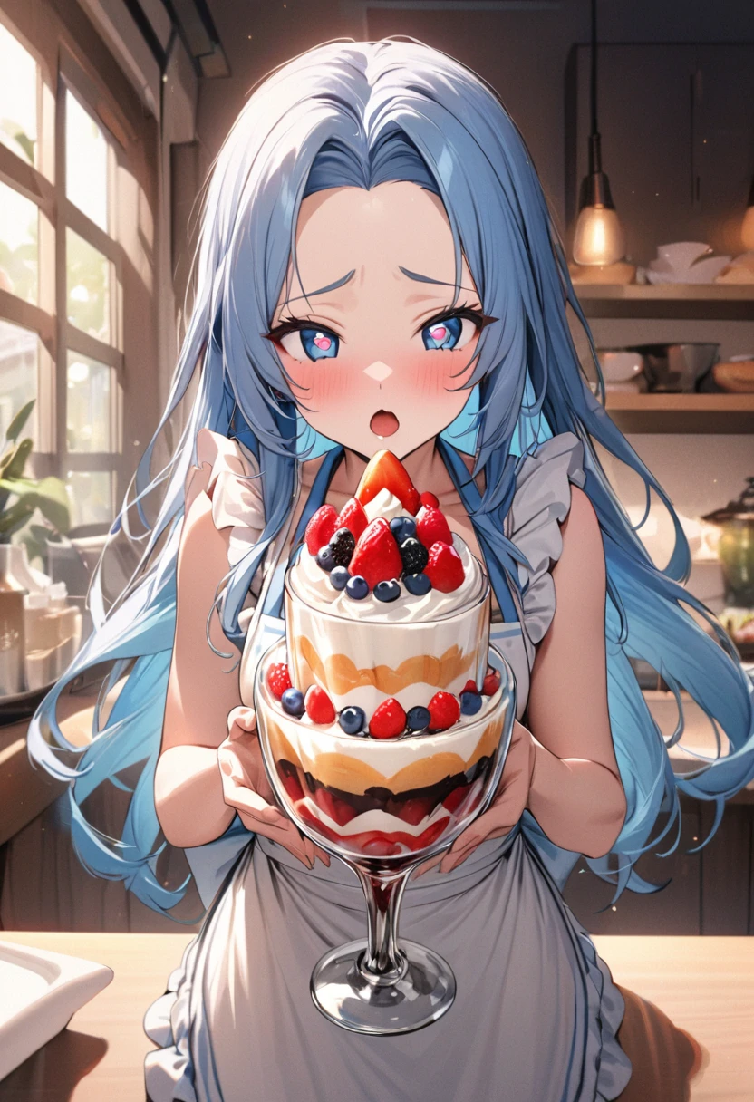 (The ultimate biggest parfait) (best quality detailed Delicious parfait), (solo:2, 15 yo) (beautiful forehead) (beauty blue hair long hair) (beauty lovely girl), (beautiful detailed Heart-shaped pupils blue eyes), (cute open mouth, small tits), in a cute Apron dress, break, in the best cute Patisserie, BREAK, perfect anatomy, masterpiece, best quality, 16k, beautiful detailed grow, daydreaming expression.