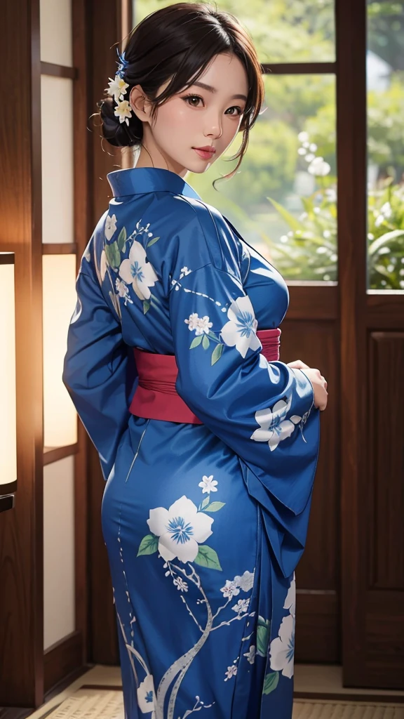 Sea of night、A beautiful woman in a blue yukata looks back、Realistic and high quality