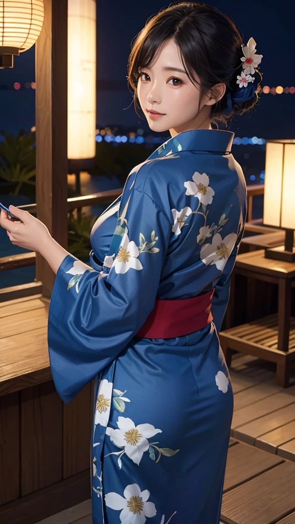 Sea of night、A beautiful woman in a blue yukata looks back、Realistic and high quality