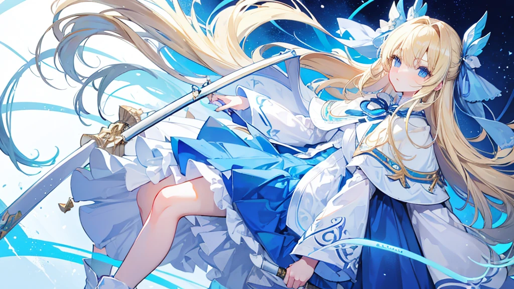 Big blue ribbon in hair Blonde long Blue Eyes White short boots Short blue skirt White sleeveless Blue Cape Carrying a walking stick 1People Girl