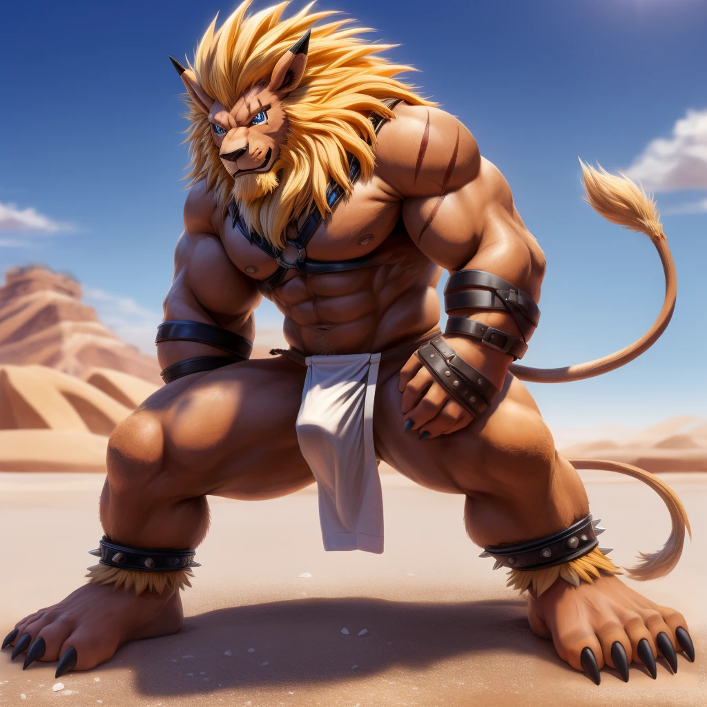 Furry, Kemono, Leon, Leomon, Digimon, solo, Bigg Ass, Male Bulge, masculine, Full body, Feet, Braided Mane, Black leather harness, Spiked Anklet, White fitted fundoshi, (white Fundoshi) , Salt Desert Background, (Anime Blue Eyes), (Perfect Eyes), High Resolution, 4K Detailed, Good Lighting, Beautiful, Photorealistic, Realistic, (japanese Fundoshi), (white thong), tail, Lion tail, black claw nails, Big Scar on left shoulder