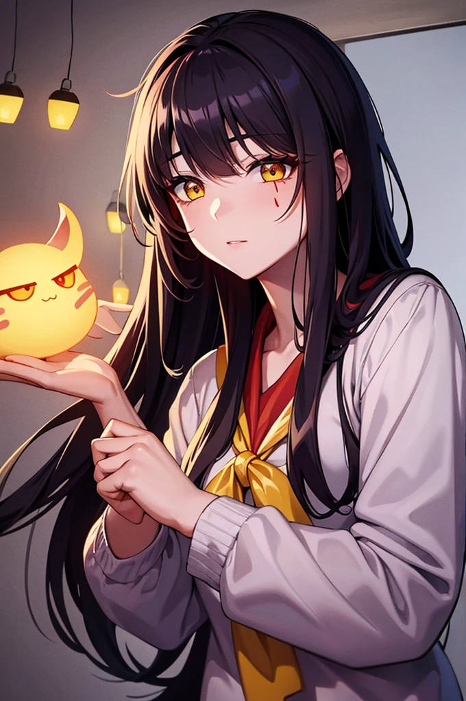 Animated illustration of a woman with a scar on one eye, an anime drawing inspi빨간색 by Jin Homura, tumbler, mingei, with glowing red eyes, nezuko-chan, yellow eyes and a slim face, with yellow glowing eyes, with yellow eyes, Evil Expression, ((yellow)) Loose eyes, nezuko, fully yellow eyes