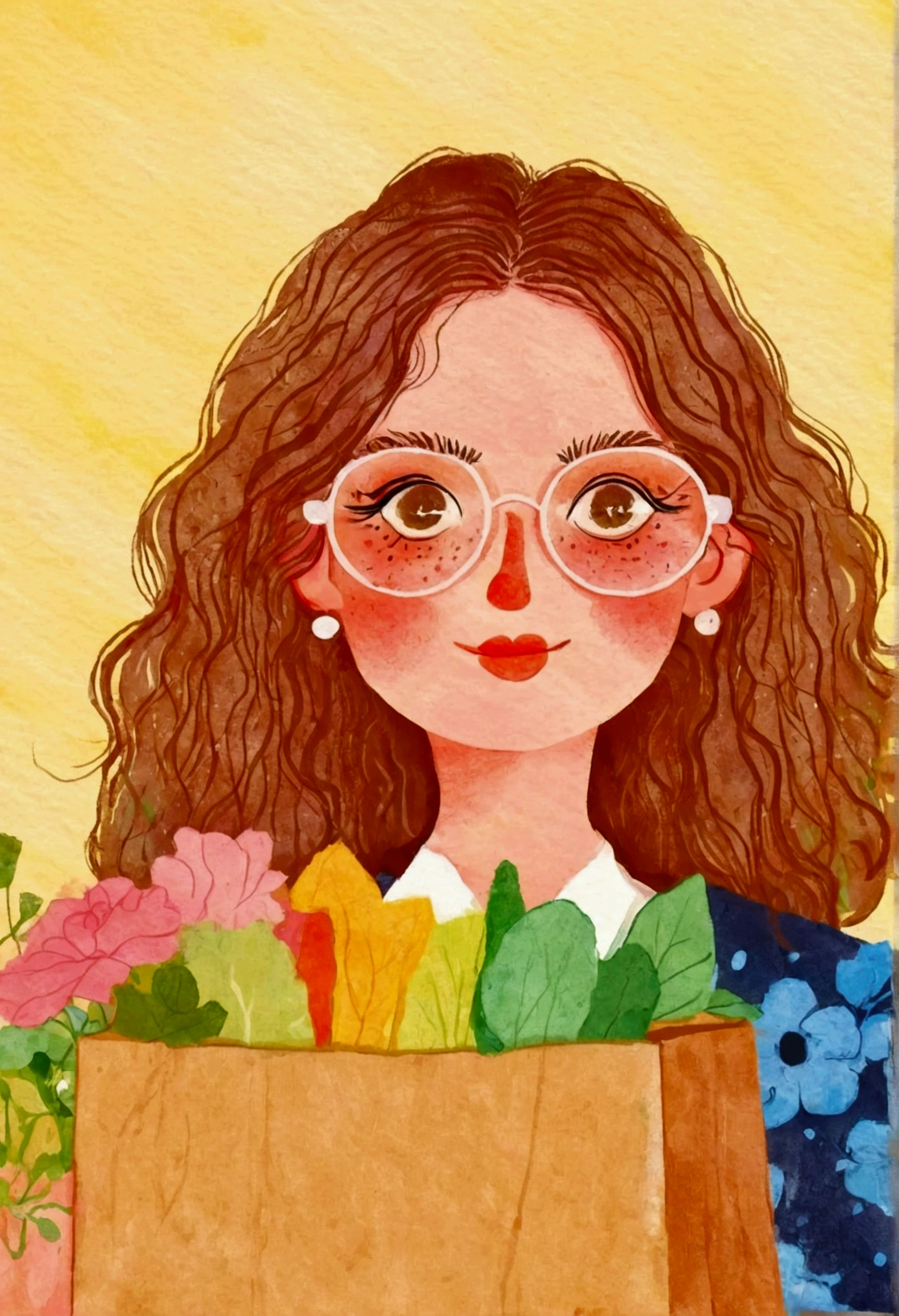 Pastel Art：Illustration of a woman wearing glasses holding a paper bag,