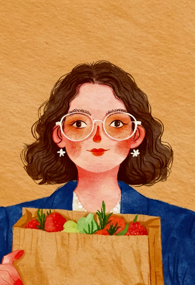 Pastel Art：Illustration of a woman wearing glasses holding a paper bag,