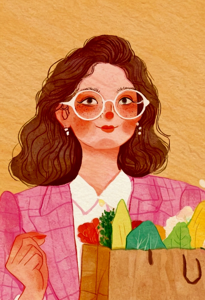 Pastel Art：Illustration of a woman wearing glasses holding a paper bag,