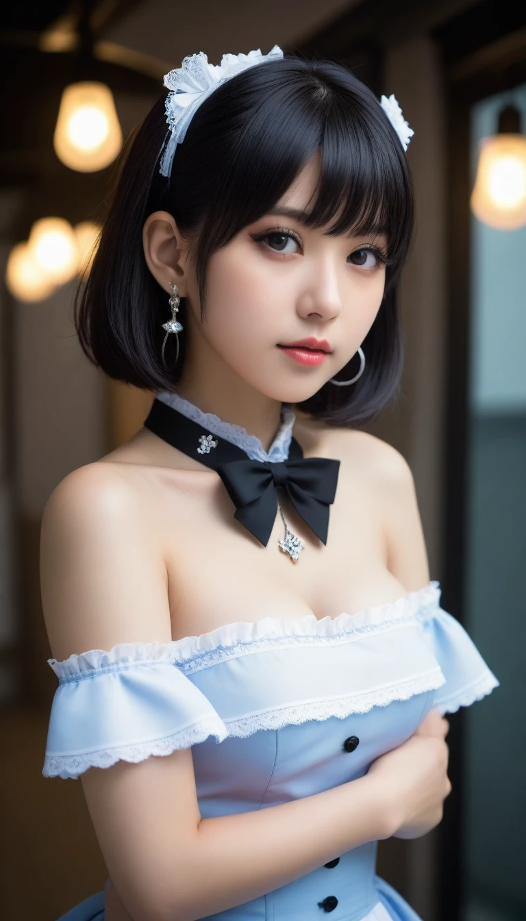 8k, Ultra-high resolution, Highest quality, masterpiece, 三分割法によるphotograph,Surreal, photograph, 1 Girl, (16 years old:1.3), pretty girl, Cute Face, Beautiful eyes in every detail, 細かくdetailedに,masterpiece,One Girl:1.2,Japanese female announcer,cowboy shot,Serious expression,Black short hair,Bob with bangs,Maid Android,((Fusion of Gothic Lolita and Lolita fashion:1.3)),bracelet, chest, choker, clavicle, Earrings,Futuristic cityscape ,Perfect and beautiful face ,完璧でCute Face, Skin with attention to detail, Perfect limbs、Narrow waist,Looking at the audience,(((Ideal body type))),Aカップの小さなchest :2,Portraiture:2,Perfect Anatomy,鮮明なdetailed,detailed,Surreal,Light and shadow,stage lights
