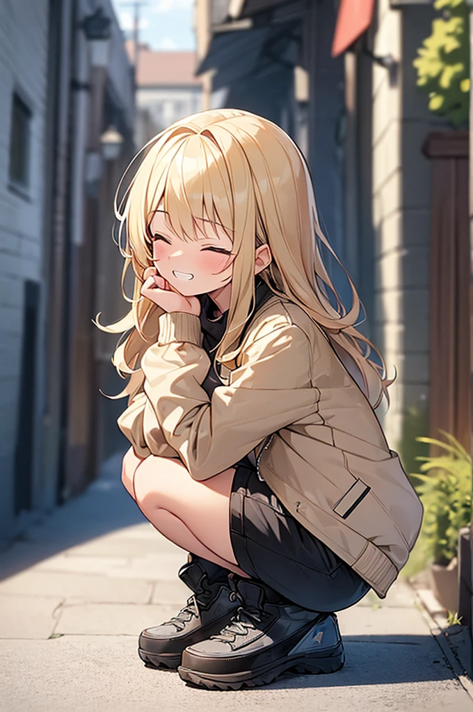 (Masterpiece, Top quality:1.5), 1 beautiful girl, squatting down, from side, Blonde, medium Hair, wavy Hair, asymmetry bangs, swept bangs, airy hair, large breasts:1.1, 16 year old, standard weight, (cool jacket, Shorts :1.3), cap, grin, blush, beautiful scene of narrow Alley, blurry background, magnificent panorama view, blurry background, closed eyes