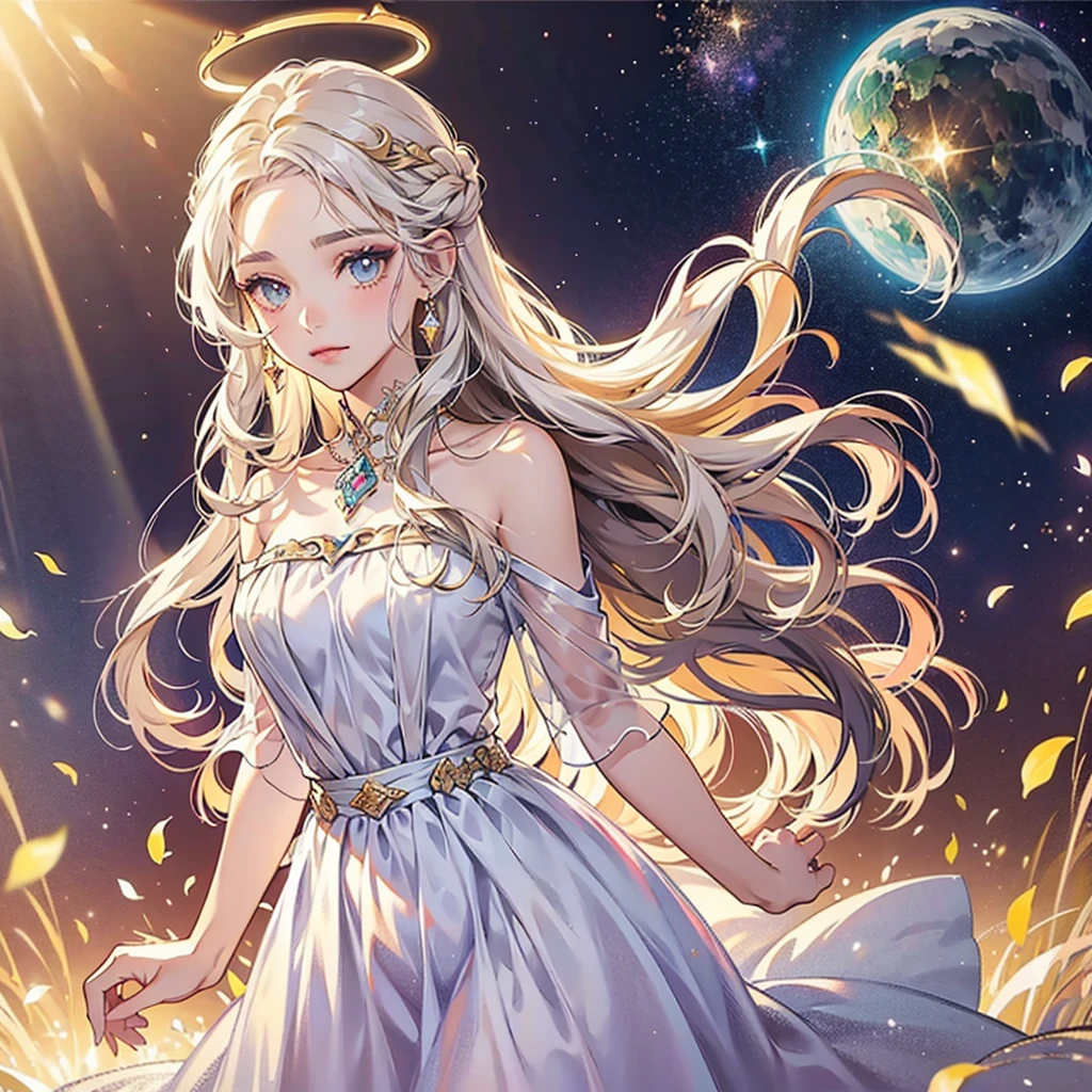 jewelry, delicate makeup, creating a soft light effect. In the style of anime and fantasy art, crystal, delicately drawn, gentle, peaceful, dreamy, soft, pastel tones, golden stars decorate her eyelids, light coloring, goddess, curl, White eyes, White eyebrows, White eyelashes, chaste, Fantasy, A girl with long white boho waves hair, in an elegant dress., rainbow, shining, forehead, chiffon, Greek style, corona, universe, curls, galaxy, Halo, Photosphere