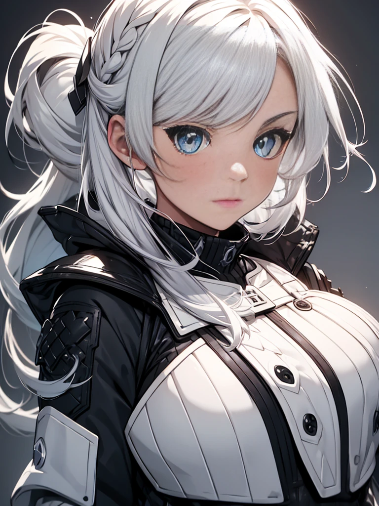 Girl with white hair and blue eyes wearing fantasy plate armor, grey background, full body portrait