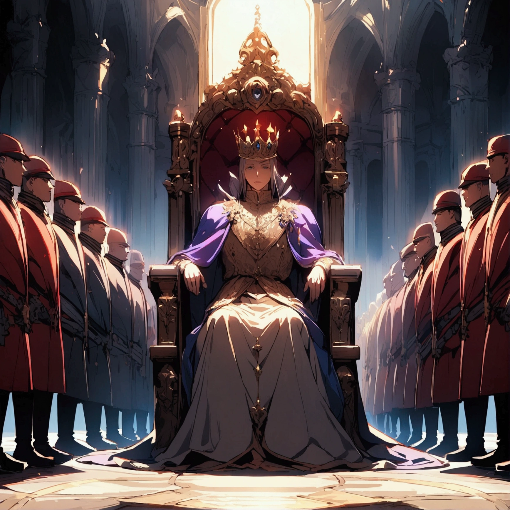 A magnificent king sitting on the throne, European,Detailed face、The soldiers gathered before