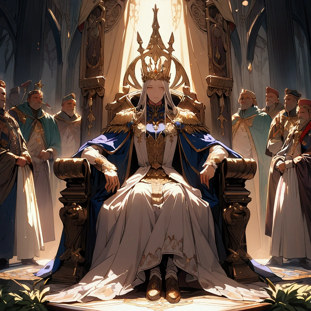 A magnificent king sitting on the throne, European,Detailed face、The soldiers gathered before