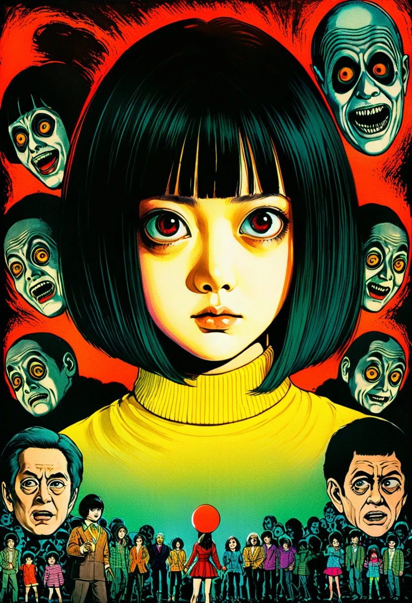 An illustration、art、70s horror movie posters, Supervised by Junji Ito、High detail, Realistic Shadows、Analog Style, chromatic aberration, Surrealism、Complementary Gradient, Girl in the middle, creepy heads around, dark