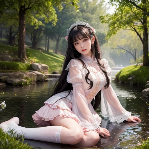 best quality, masterpiece, lifelike, 1 girl, solitary, eternal, Black Hair, Long curly hair, Bangs, Laugh out loud, Layered lace trim skirt, Puff sleeves, Wide sleeves, Transparent sleeves, Detailed background, Delicate face,pink blush,White,Knee socks, Pink shoes,cold,Lots of lace,((masterpiece))、(top quality)、8k、High Detail、Super detailed、 21 years old female,masterpiece、born、Scenes resembling fairy tale illustrations、Intricate details showcase the ruffles and intricate designs of the Lolita dress、beautiful、magic、realism、Visual effect、FXAA、SSAO、Shader、voiceless、Ambient Lighting、Tone Mapping、high resolution、Ultra HD、Million pixels、(8K resolution:1.10)、8K resolution、High Detail、Intricate details、 (high quality:1.2、masterpiece:1.2、:1.21)、(21 years old female)(Surrounded by a dreamy atmosphere ),Landscape photos