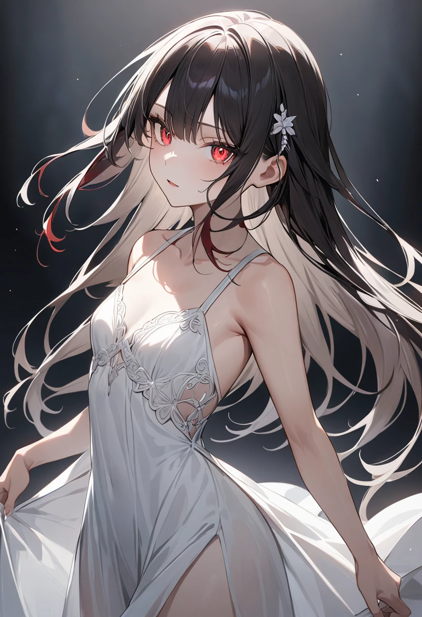(masterpiece, top quality, very aesthetic, 4k、illustration), intricate detail, 1woman,、solo,contrapposto 、glowing eyes、,(cowboy shot)、light persona、(),beautiful face、from side、determined、straight hair、red to black gradient hair、,middle hair,sidelock ,red　eyes、white Summer Dresses、small breasts、Slim 、