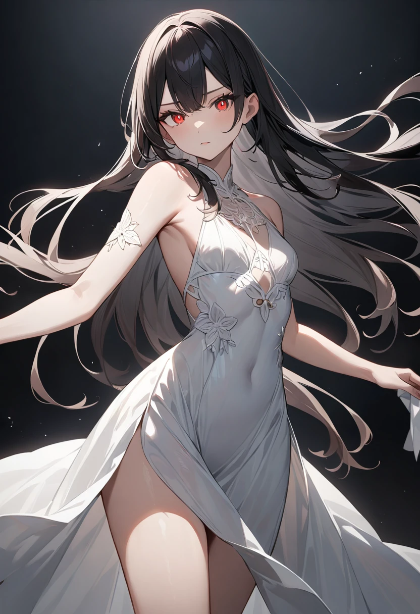 (masterpiece, top quality, very aesthetic, 4k、illustration), intricate detail, 1woman,、solo,contrapposto 、glowing eyes、,(cowboy shot)、light persona、(),beautiful face、from side、determined、straight hair、red to black gradient hair、,middle hair,sidelock ,red　eyes、white Summer Dresses、small breasts、Slim 、