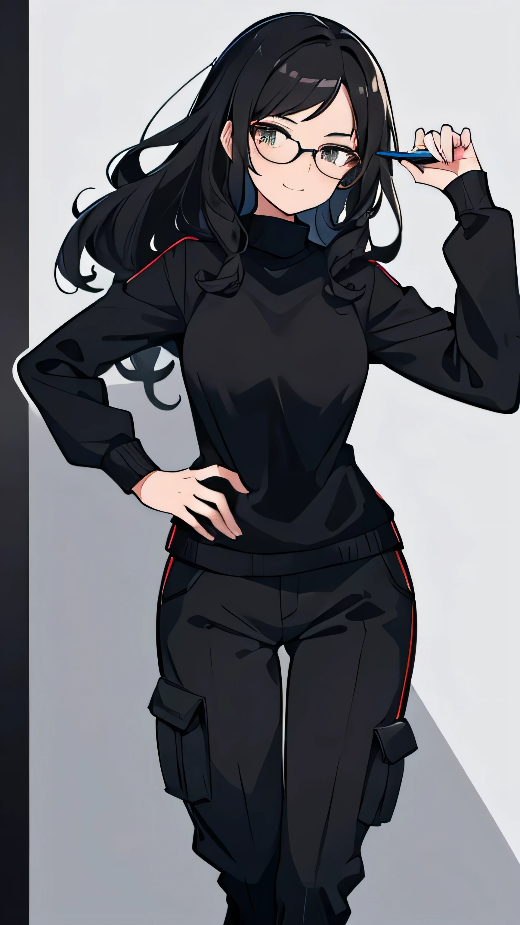 158 tall girl, beautiful wavy black hair , wearing glasses, wearing a black sweater, pen cargo pants, slim body, cute smile, Posing cute, Valorant game style background. PLEASE NO PARTS ANYWHERE WILL BE CUT OUT OF THE FRAME EXCEPT FOR THE KNEE