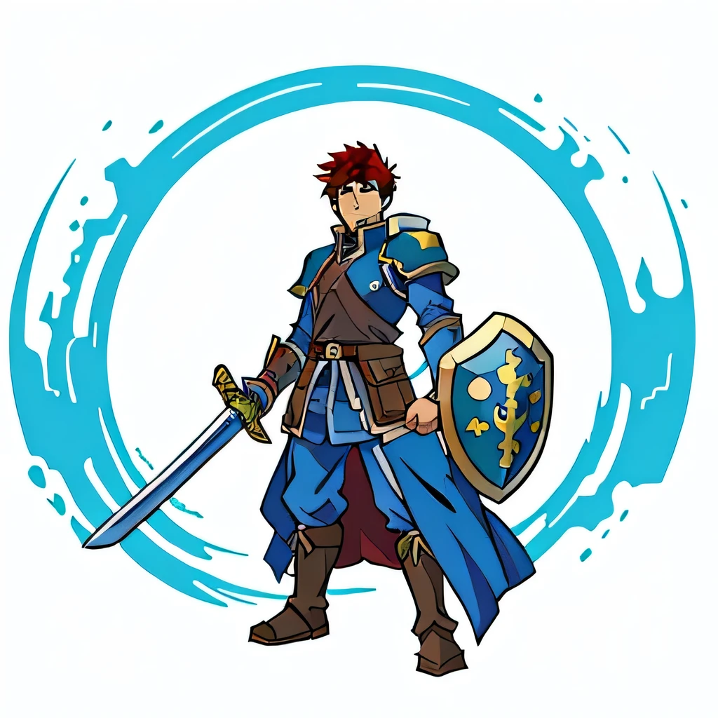 anime characters, Hero 2 d fanart artation, JRPG characters, Masterpiece, High quality, Vector, fictional fantasy, warrior, big armor, Fighting posture,holding a sword, holding a big shield, blue dress,brown hair,man