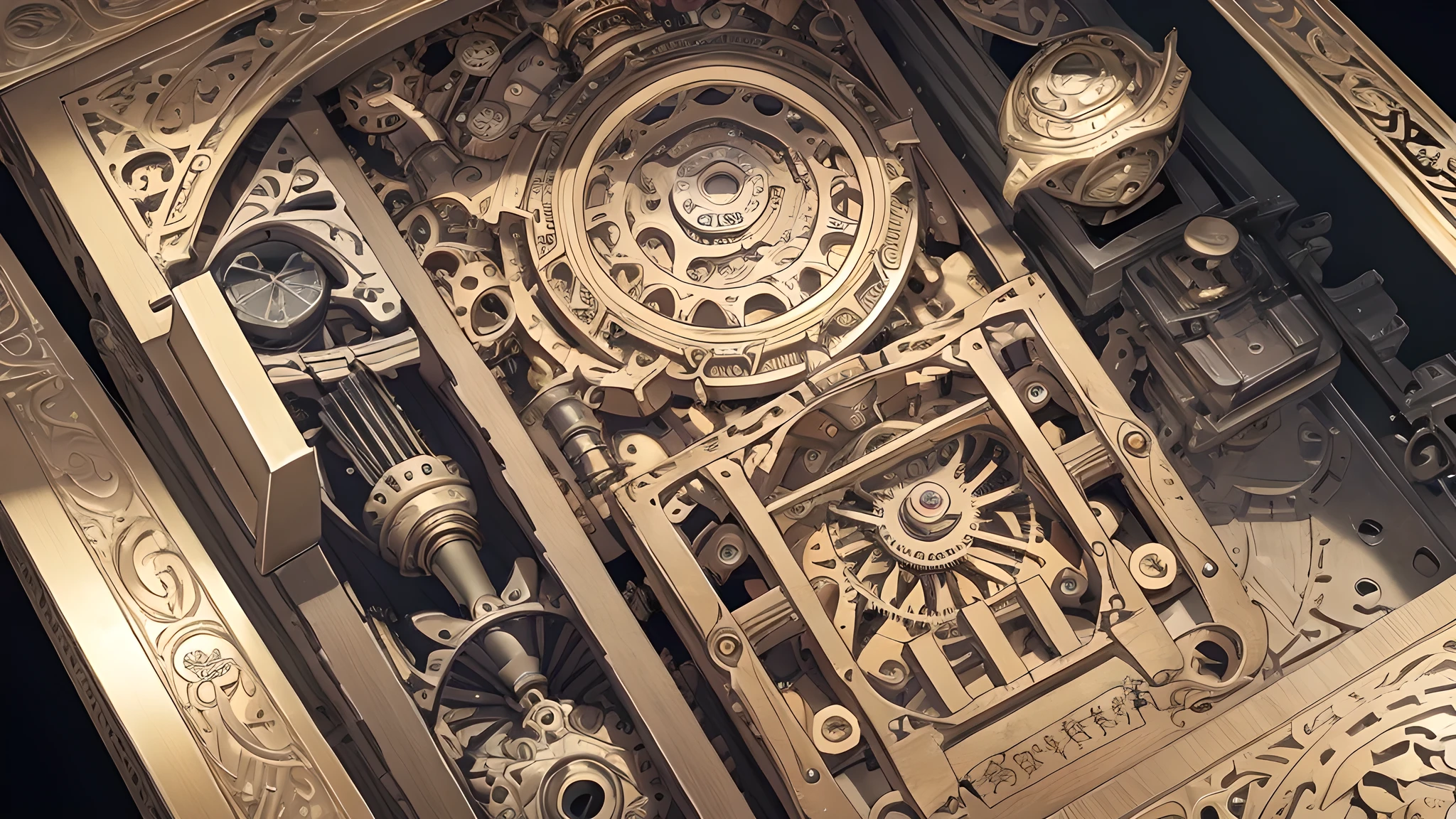 Absurd、High resolution、Super detailed、(1 Girl:1.3)、 Break typography、Lettering Art、calligraphy、Expression font、Visual Language、graphic design、Creative Communication Break Music Box Art、Complex mechanism、Melodic works、nostalgic appeal、Delicate craftsmanship、Design,Clockwork mechanics, and gear mechanism, Millefolio