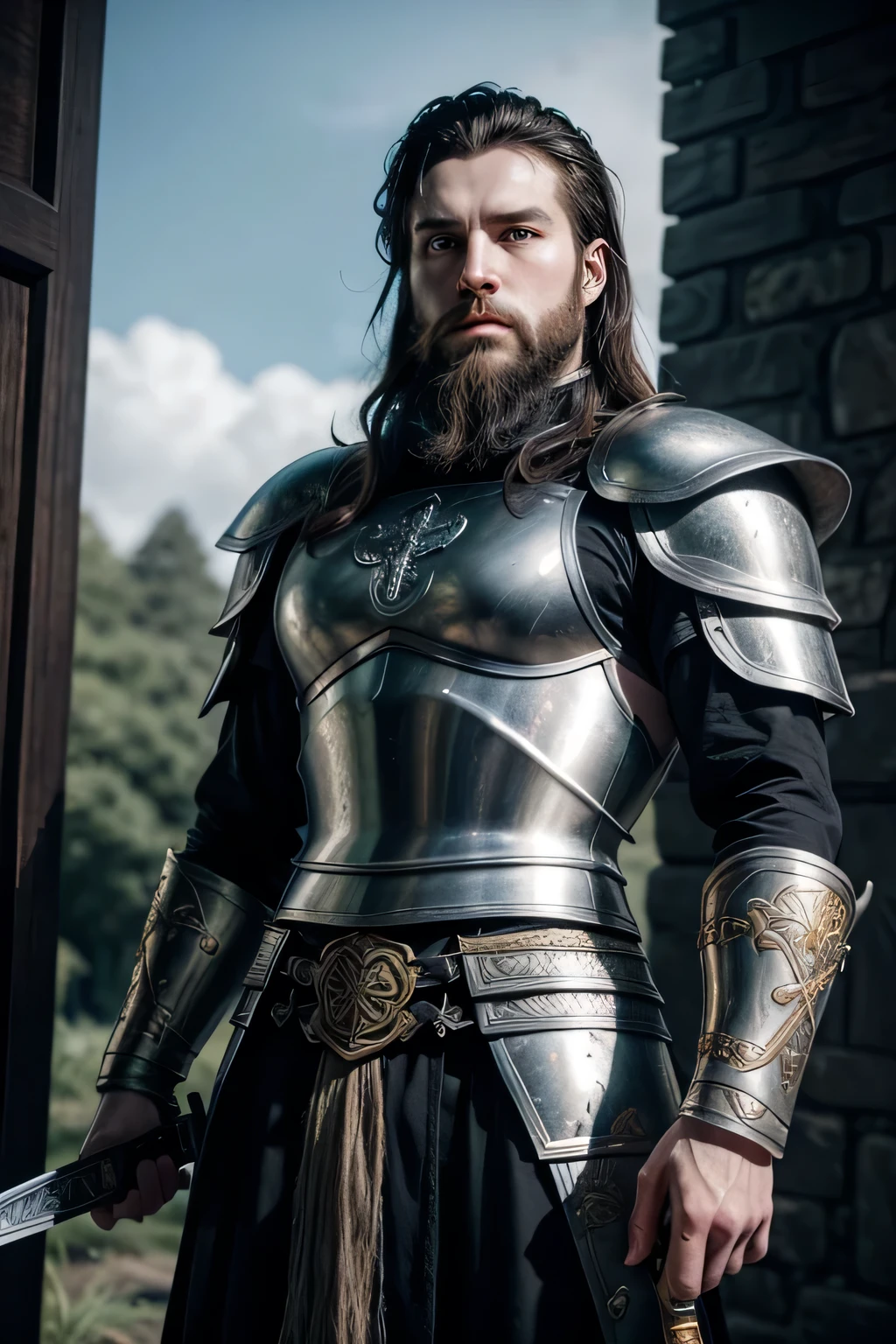 Pale Celtic Prince, strong and tall with black hair and beard and silver eyes, wielding a sacred sword and wearing black armor with gold details. 