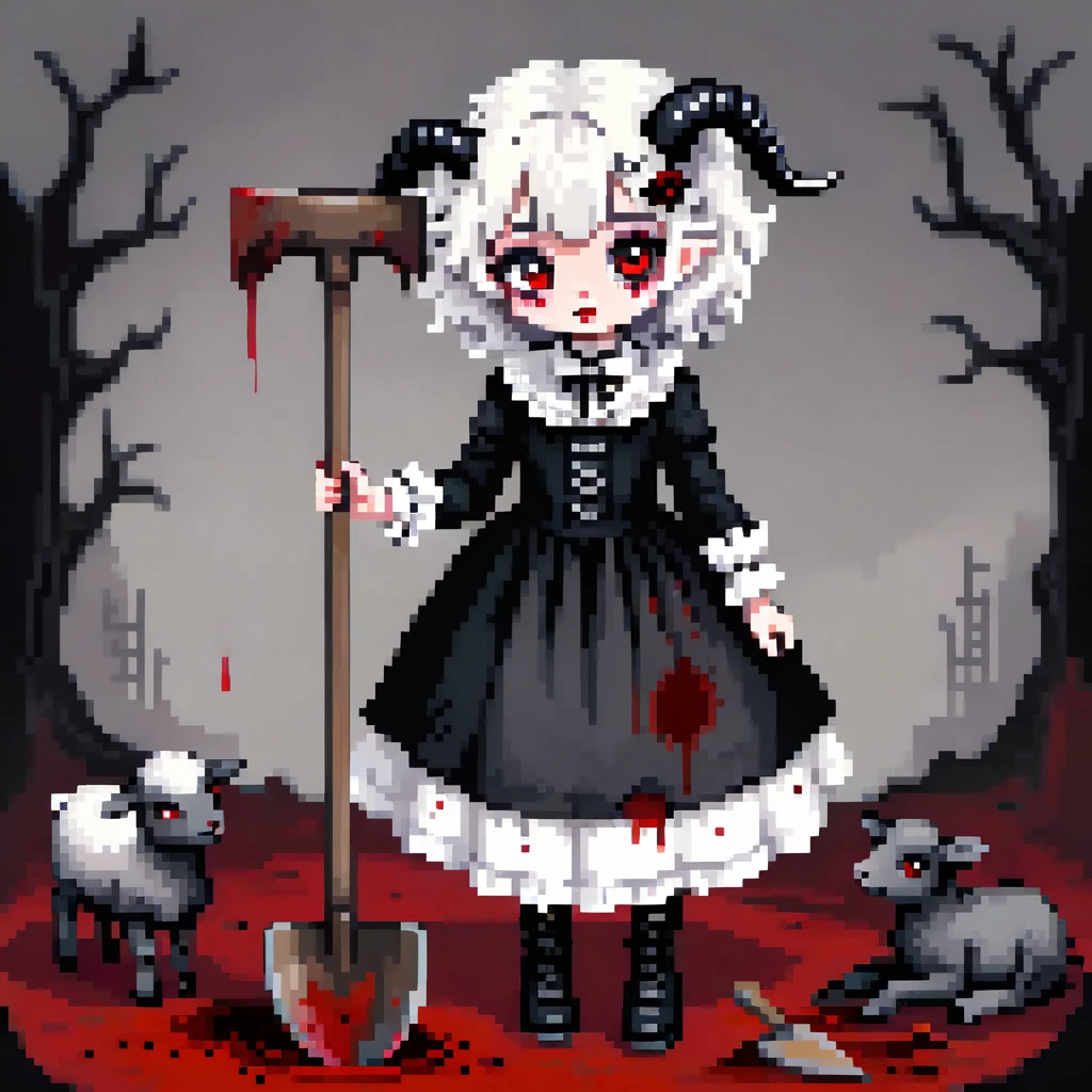  Lamb girl, with big black horns, Curly, lush white hair, dressed in gothic clothes, red eyes, cute nose, place of feet hooves, gothic clothing dress like in the 19th century, in hand there is a shovel stained with blood, portrait