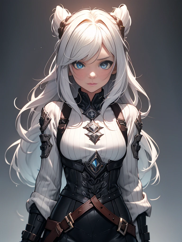 a beautiful girl with long white hair and piercing blue eyes, wearing intricate fantasy-inspired plate armor, standing against a grey background, full body portrait, (best quality,4k,8k,highres,masterpiece:1.2),ultra-detailed,(realistic,photorealistic,photo-realistic:1.37),cinematic lighting,extremely detailed facial features,fantasy,medieval,epic,dramatic pose,digital art,concept art