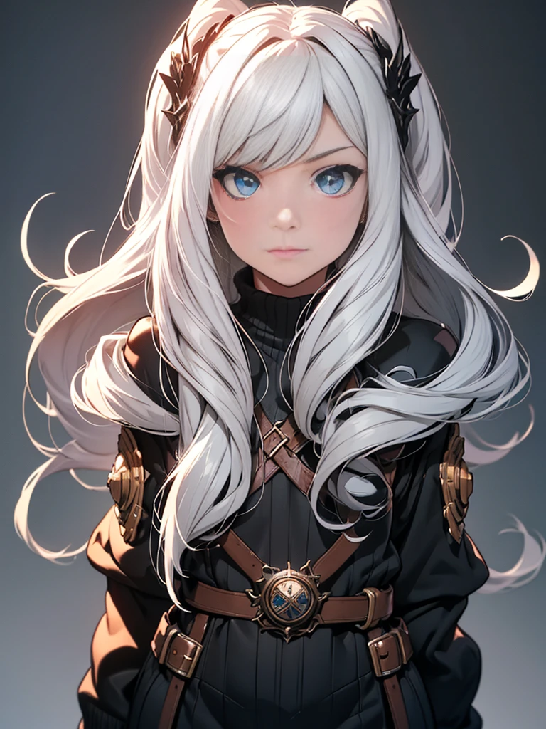 a beautiful girl with long white hair and piercing blue eyes, wearing intricate fantasy-inspired plate armor, standing against a grey background, full body portrait, (best quality,4k,8k,highres,masterpiece:1.2),ultra-detailed,(realistic,photorealistic,photo-realistic:1.37),cinematic lighting,extremely detailed facial features,fantasy,medieval,epic,dramatic pose,digital art,concept art