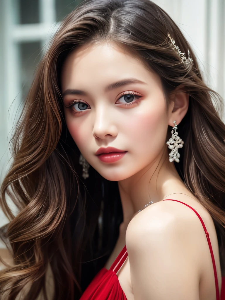 [White skin woman:1.2, Long Curly Hair:1.2, Elegant red dress, Soft skin texture, Lip gloss, Light brown eyes], Portraiture, VSCO Filters: C8)