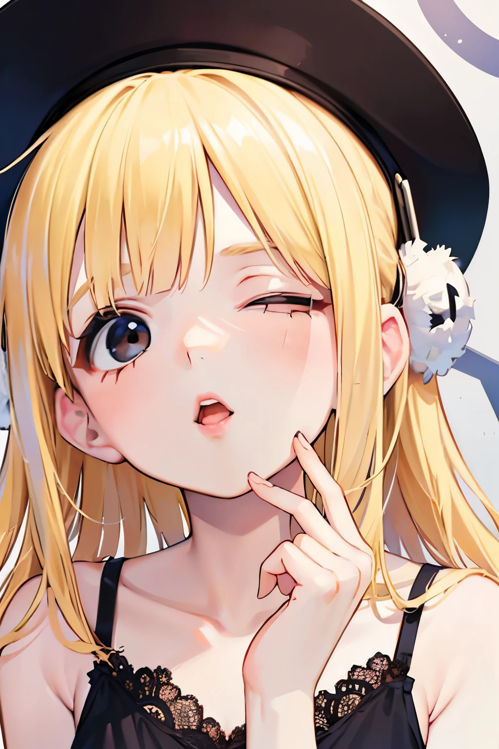 beautiful cute girl,((blonde hair:1.2)),(Medium wave hair:1.1),(close one eye:1.3),(hand to own mouth:1.1),(camisole:1.25),(White cap:1.25),(lace:1.2),kiss Face,(Chapel:1.25),close-up Face,Looking up