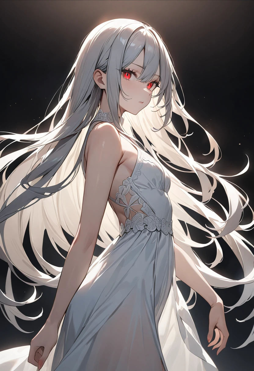 (masterpiece, top quality, very aesthetic, 4k、illustration), intricate detail, 1woman,、solo,contrapposto 、glowing eyes、,(cowboy shot)、light persona、(),beautiful face、from side、determined、straight hair、red to black gradient hair、,middle hair,sidelock ,red eyes、white Summer Dresses、small breasts、Slim 、